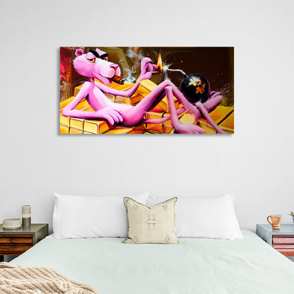 Pink panther, gold and bitcoin Inspirational Canvas Wall Art Print