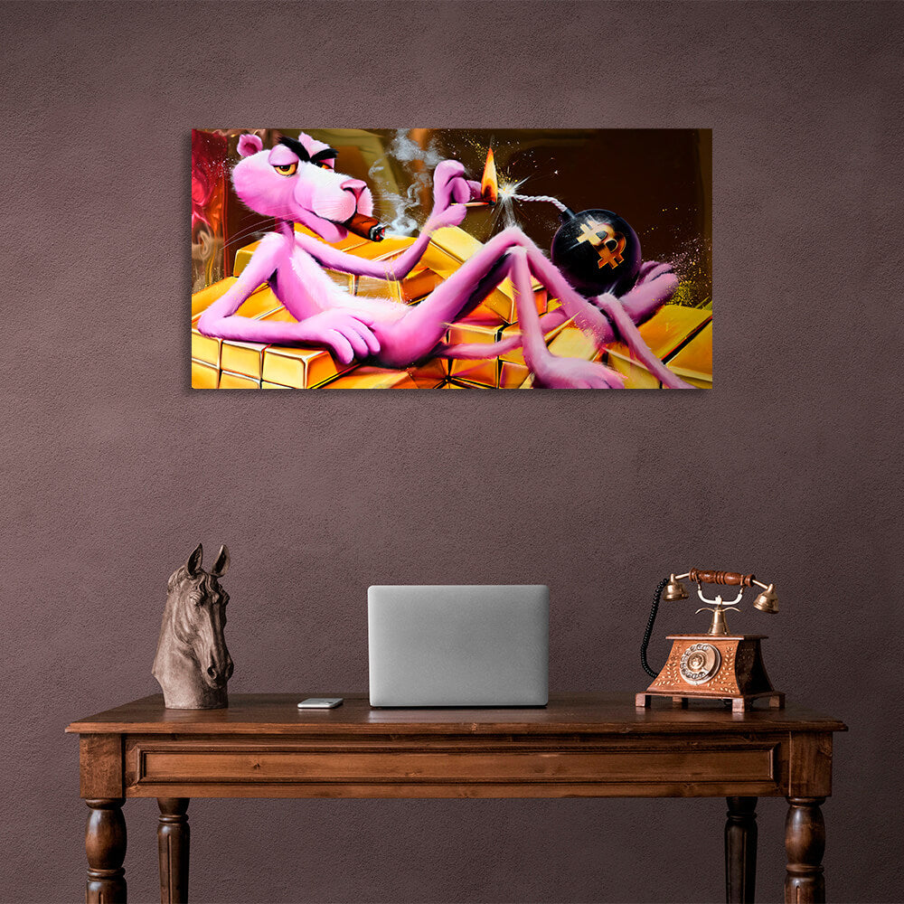 Pink panther, gold and bitcoin Inspirational Canvas Wall Art Print