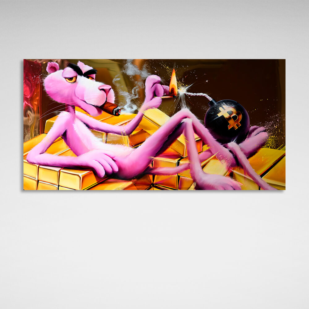 Pink panther, gold and bitcoin Inspirational Canvas Wall Art Print