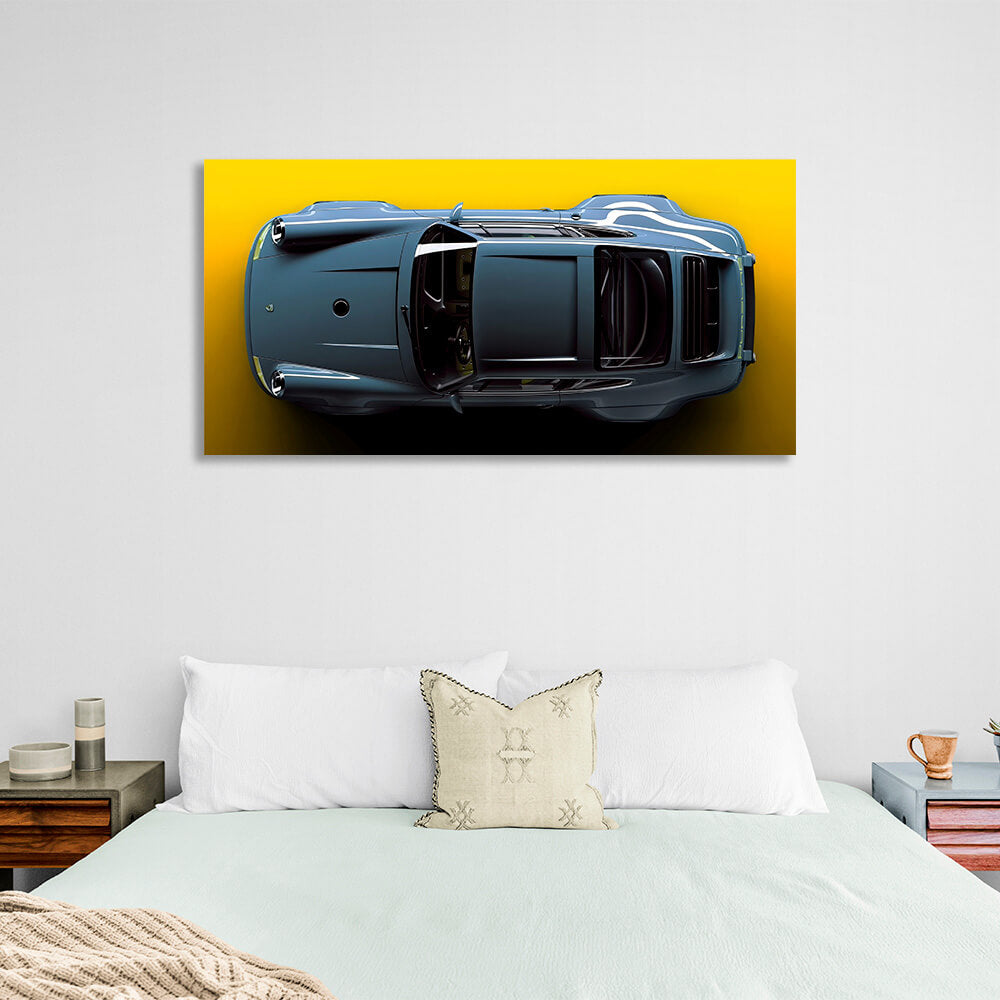 Porsche 911 blue Porsche car on yellow background Canvas Wall Art Print