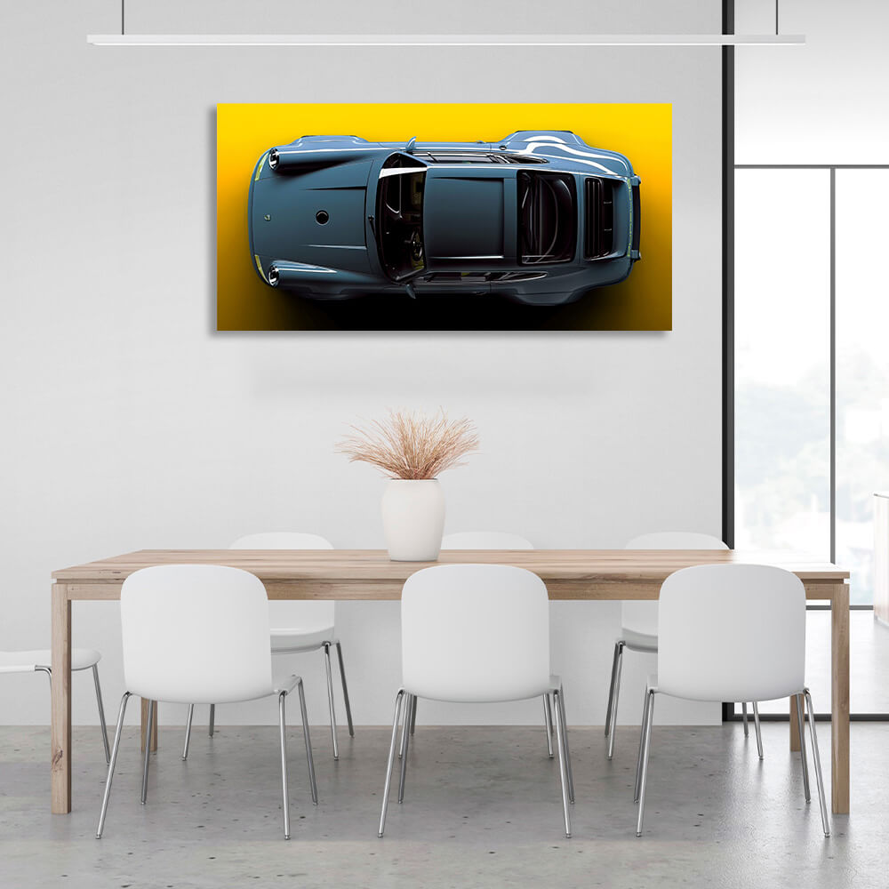 Porsche 911 blue Porsche car on yellow background Canvas Wall Art Print