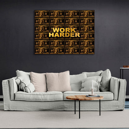 Work harder black and gold dollars Inspirational Canvas Wall Art Print