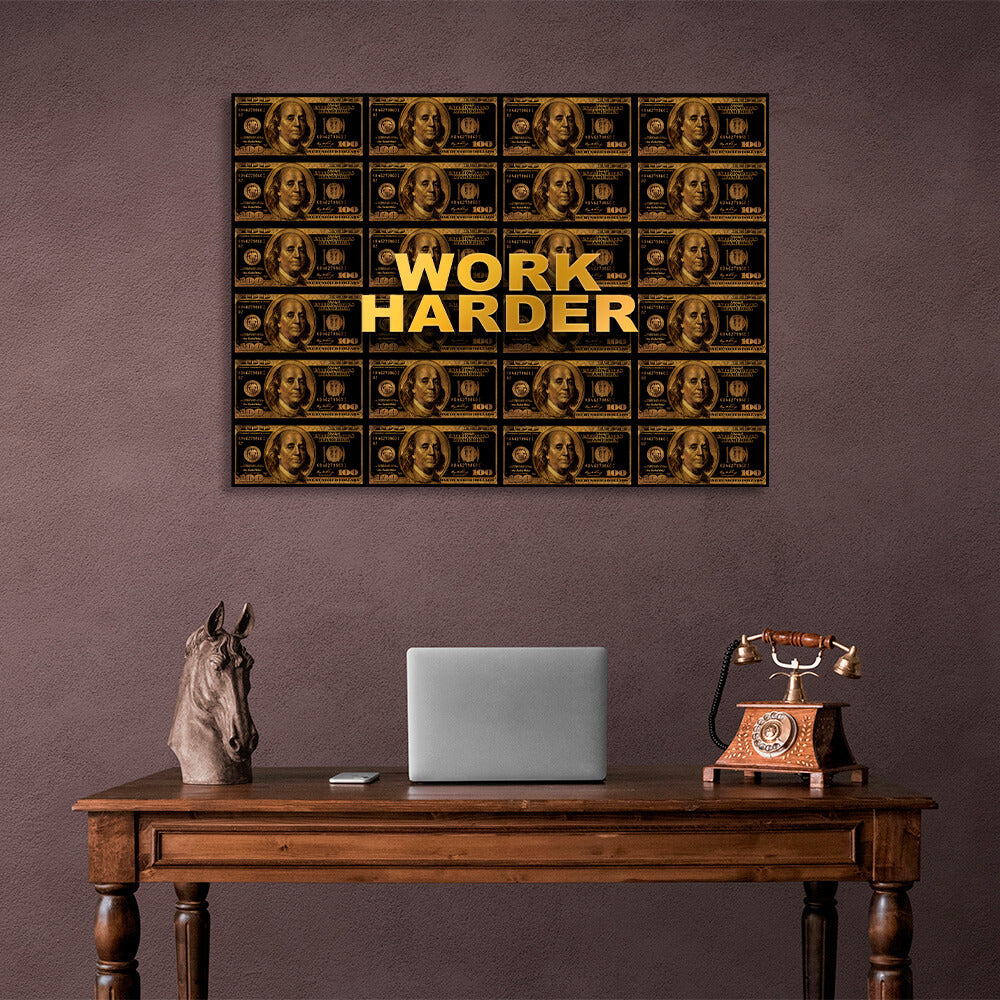 Work harder black and gold dollars Inspirational Canvas Wall Art Print