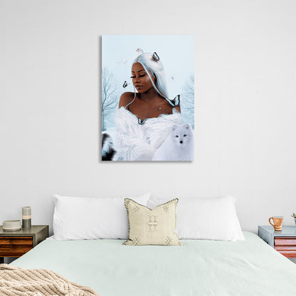 Beautiful African with fox, butterflies and doves Canvas Wall Art Print