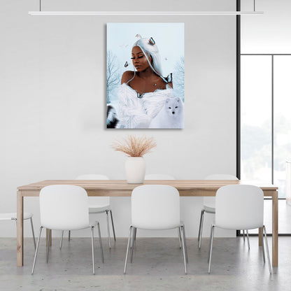 Beautiful African with fox, butterflies and doves Canvas Wall Art Print