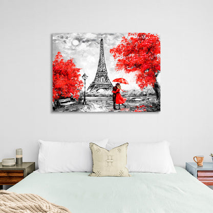 Eiffel Tower Autumn in Paris couple under an umbrella Canvas Wall Art Print