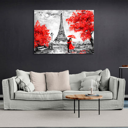 Eiffel Tower Autumn in Paris couple under an umbrella Canvas Wall Art Print