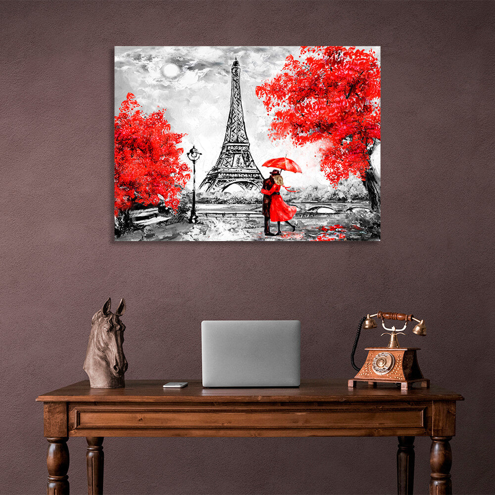 Eiffel Tower Autumn in Paris couple under an umbrella Canvas Wall Art Print