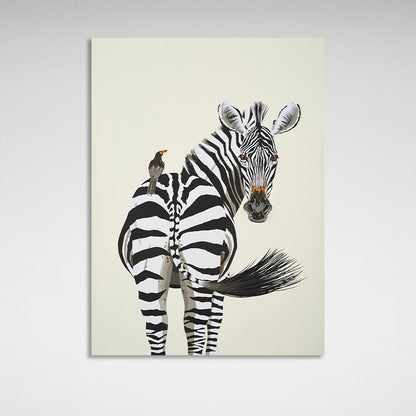 A zebra and a bird Canvas Wall Art Print