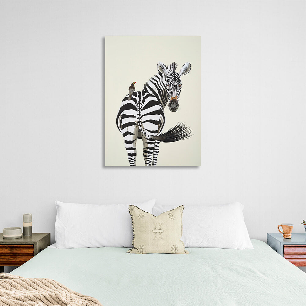 A zebra and a bird Canvas Wall Art Print