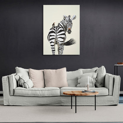 A zebra and a bird Canvas Wall Art Print