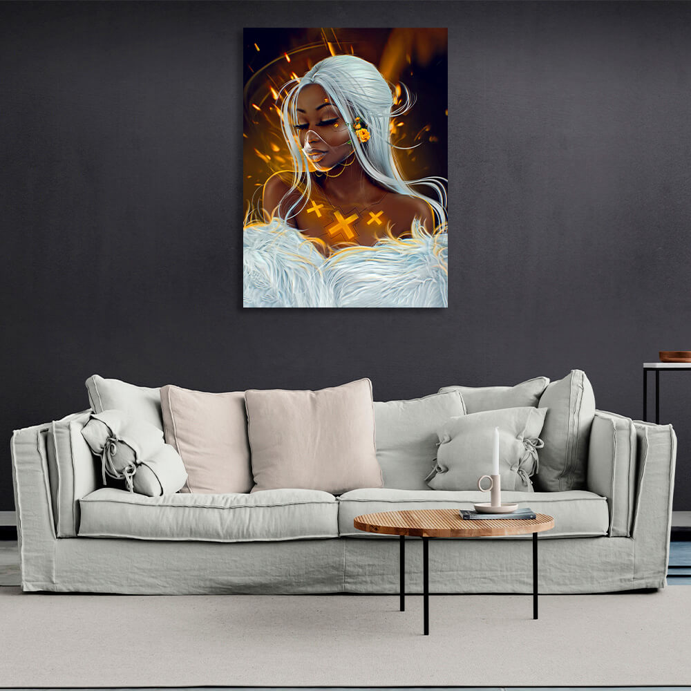 Beautiful Cyberpunk African woman in a mask and with yellow flowers Canvas Wall Art Print