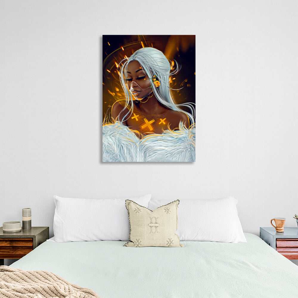 Beautiful Cyberpunk African woman in a mask and with yellow flowers Canvas Wall Art Print