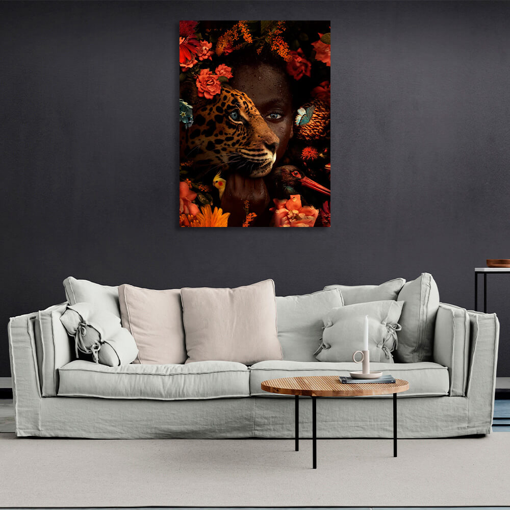 African woman, leopard and birds in flowers Canvas Wall Art Print