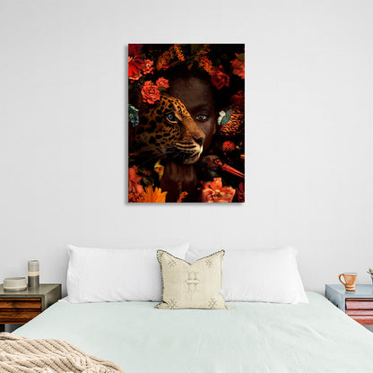 African woman, leopard and birds in flowers Canvas Wall Art Print