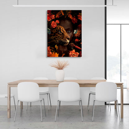 African woman, leopard and birds in flowers Canvas Wall Art Print