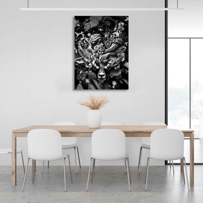 Black and white Antelope and a statue of a woman in flowers Canvas Wall Art Print