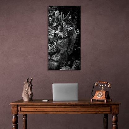 Black and white Lion and turtle in flowers Canvas Wall Art Print