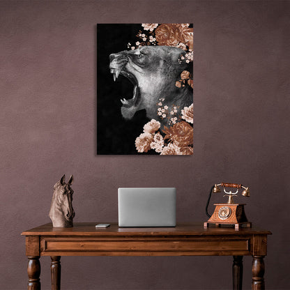 Lioness in colors on black background with flowers Canvas Wall Art Print