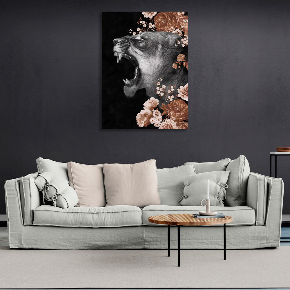 Lioness in colors on black background with flowers Canvas Wall Art Print