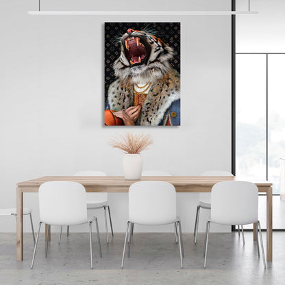 A tiger in a fur coat with chains Canvas Wall Art Print