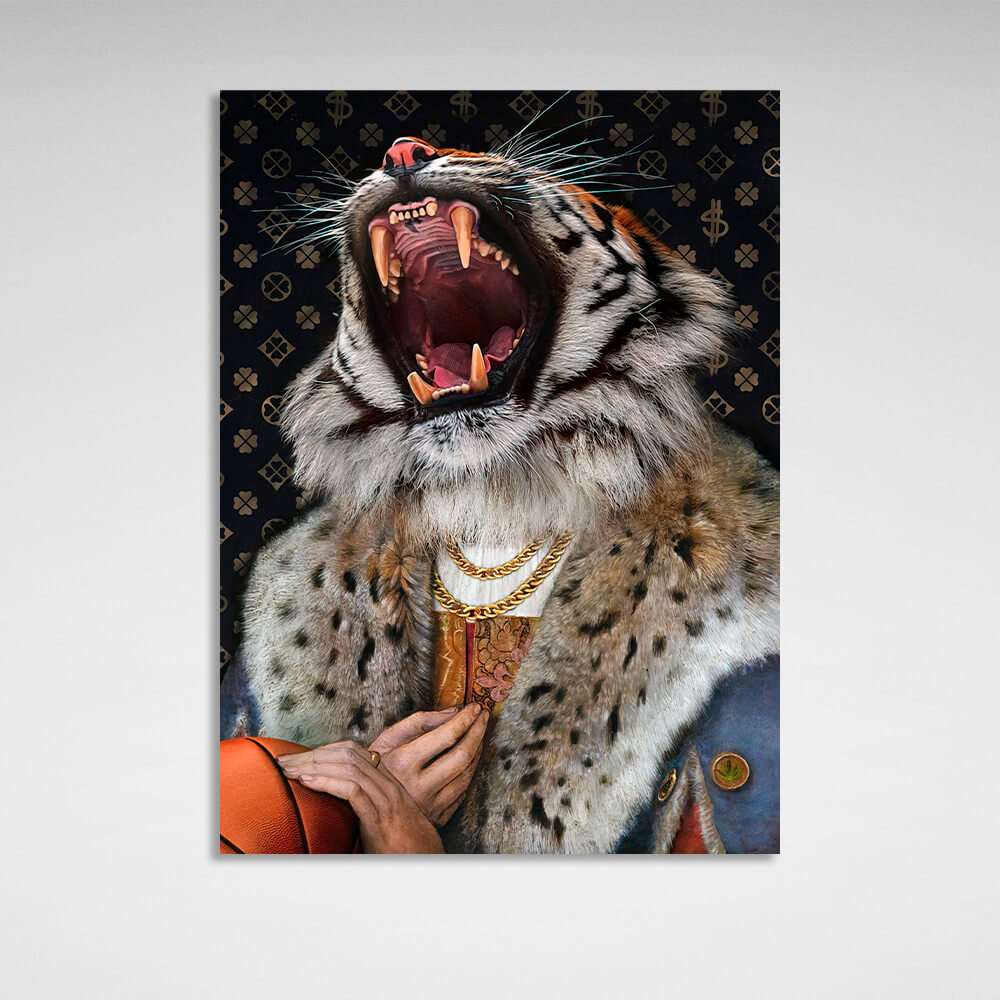 A tiger in a fur coat with chains Canvas Wall Art Print