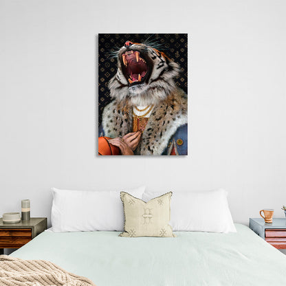 A tiger in a fur coat with chains Canvas Wall Art Print