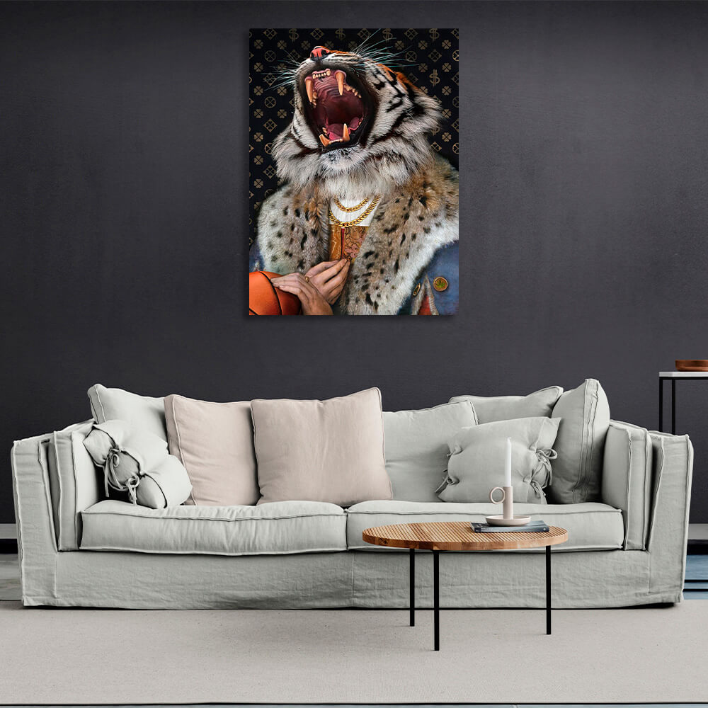 A tiger in a fur coat with chains Canvas Wall Art Print