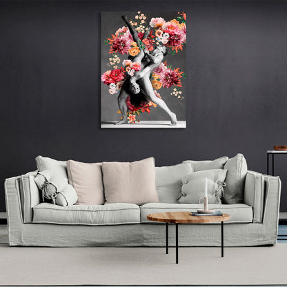 Male and female dancers in colorful flowers Canvas Wall Art Print