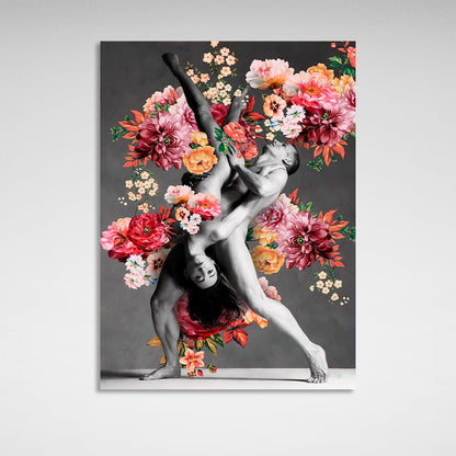 Male and female dancers in colorful flowers Canvas Wall Art Print