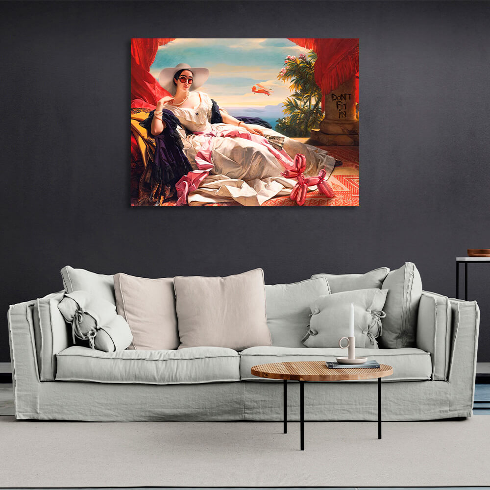 A vacationing girl with a fan Canvas Wall Art Print