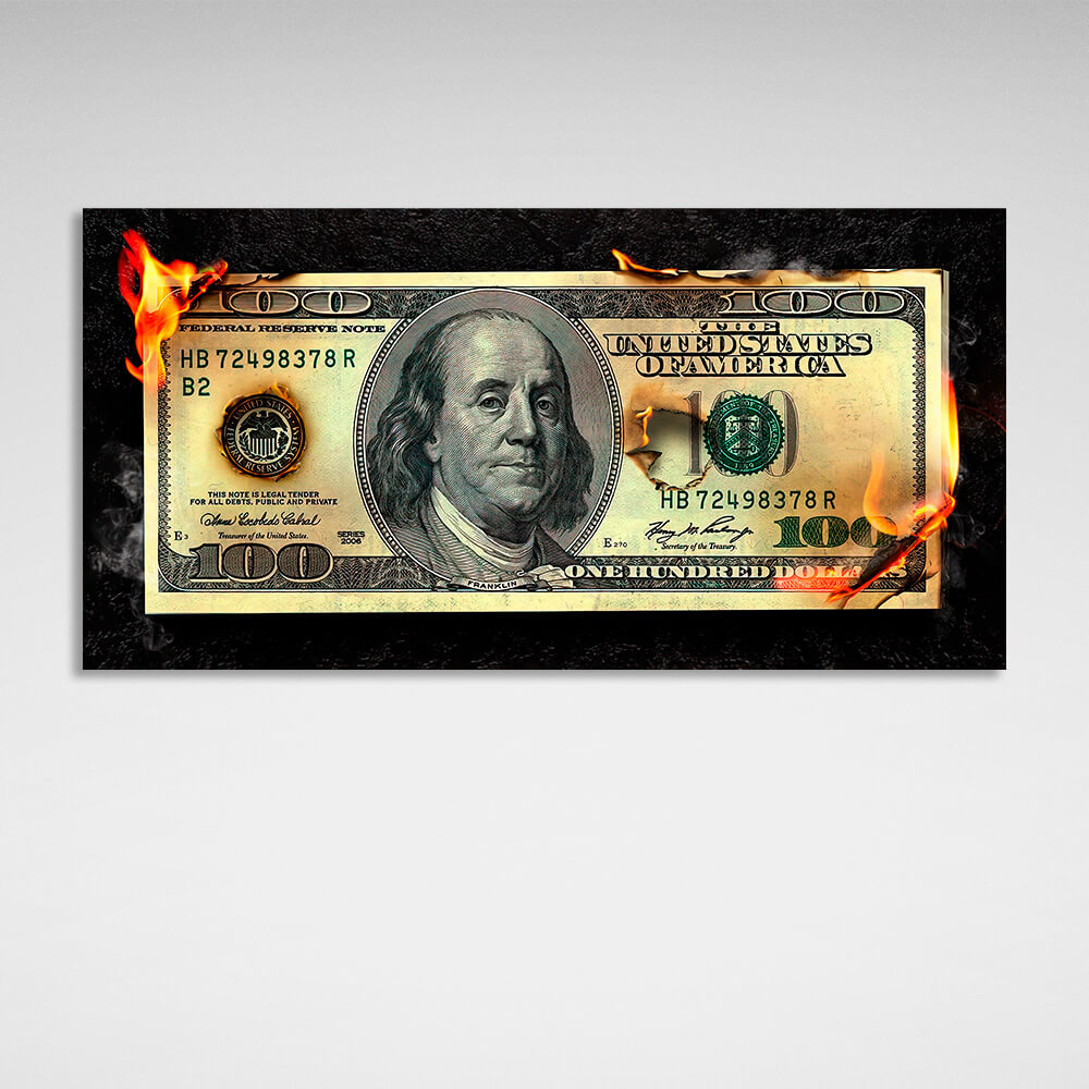 Burning money 100 dollars Inspirational Canvas Wall Art Print