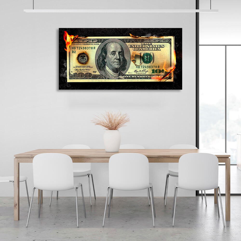 Burning money 100 dollars Inspirational Canvas Wall Art Print