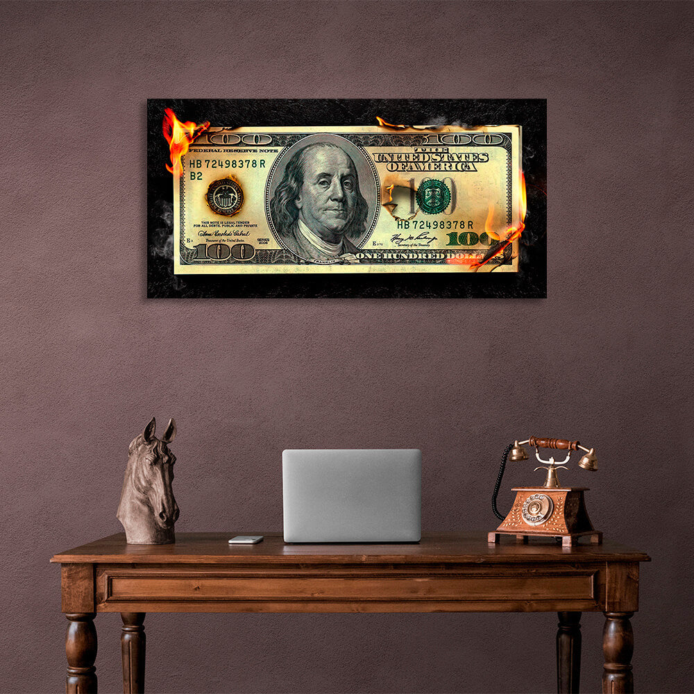 Burning money 100 dollars Inspirational Canvas Wall Art Print