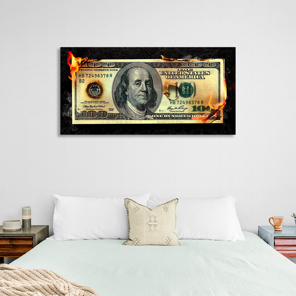 Burning money 100 dollars Inspirational Canvas Wall Art Print