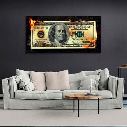 Burning money 100 dollars Inspirational Canvas Wall Art Print