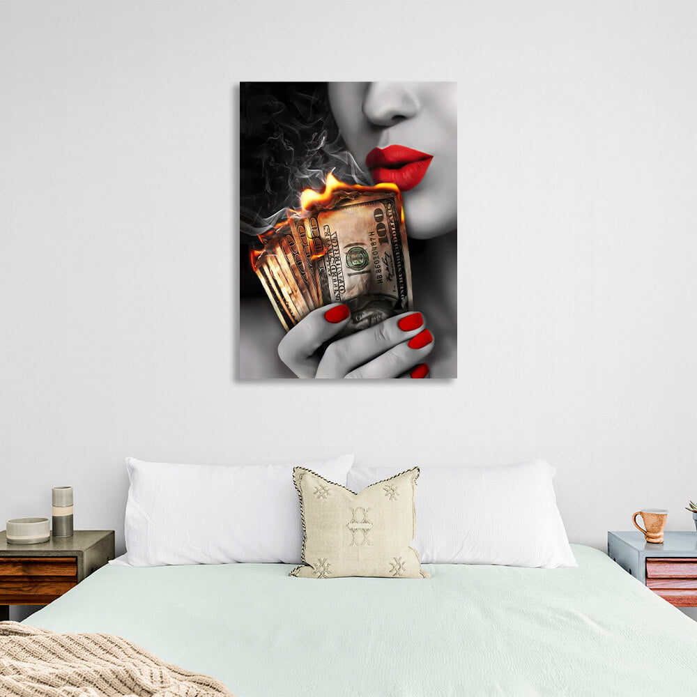 The woman with the burning dollars in her hand Inspirational Canvas Wall Art Print