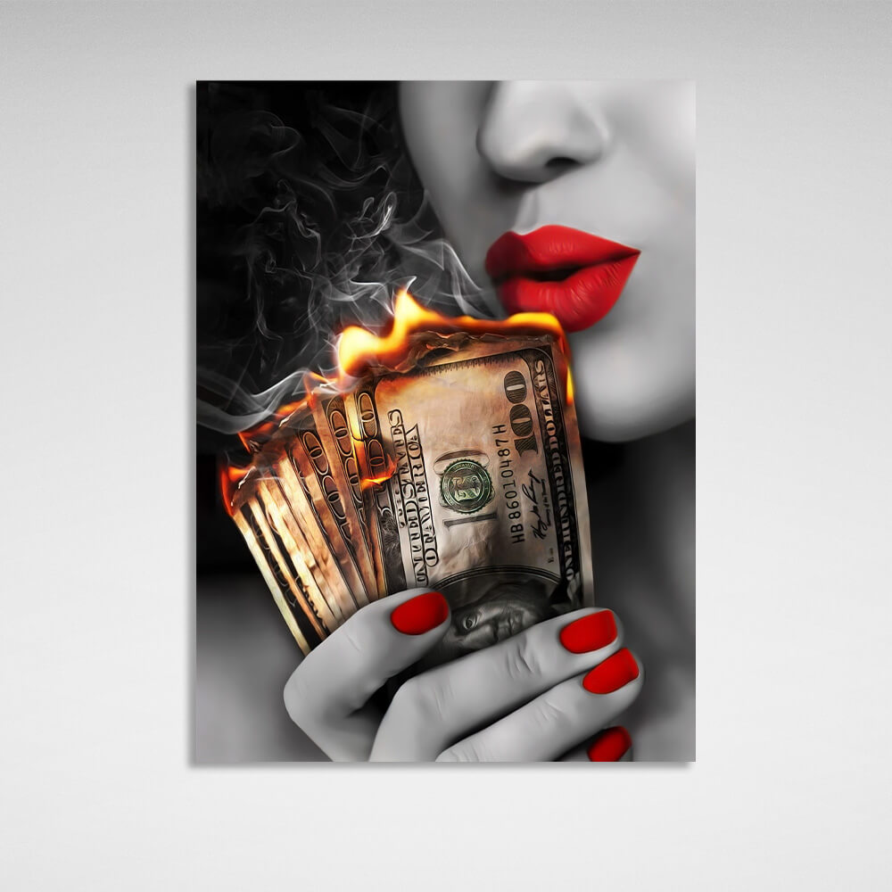 The woman with the burning dollars in her hand Inspirational Canvas Wall Art Print