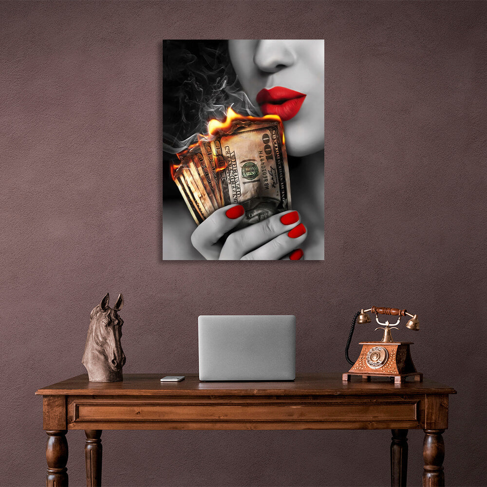 The woman with the burning dollars in her hand Inspirational Canvas Wall Art Print