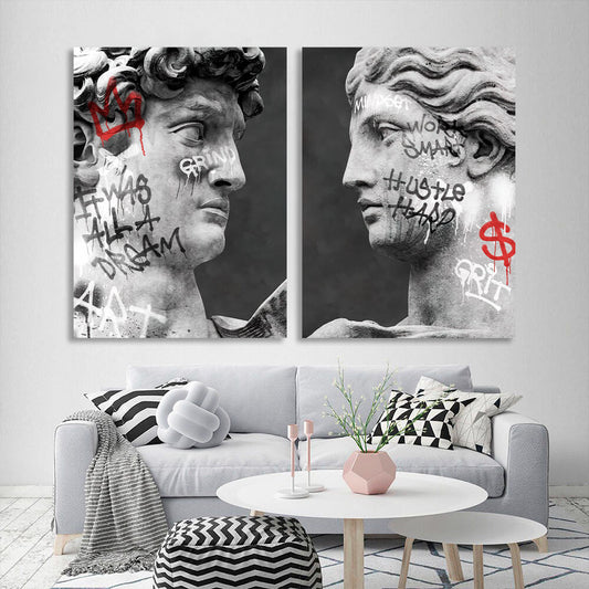 Modular diptych of 2 parts Statues of Venus and David with graffiti Multi Panel Canvas Wall Art Print