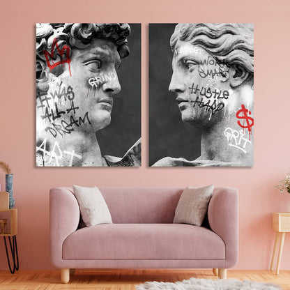 Modular diptych of 2 parts Statues of Venus and David with graffiti Multi Panel Canvas Wall Art Print