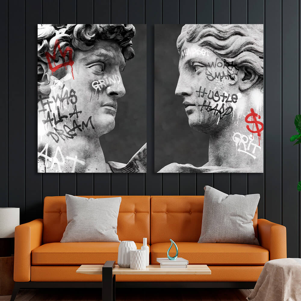 Modular diptych of 2 parts Statues of Venus and David with graffiti Multi Panel Canvas Wall Art Print