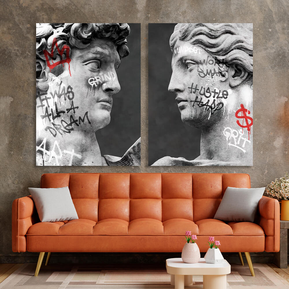 Modular diptych of 2 parts Statues of Venus and David with graffiti Multi Panel Canvas Wall Art Print