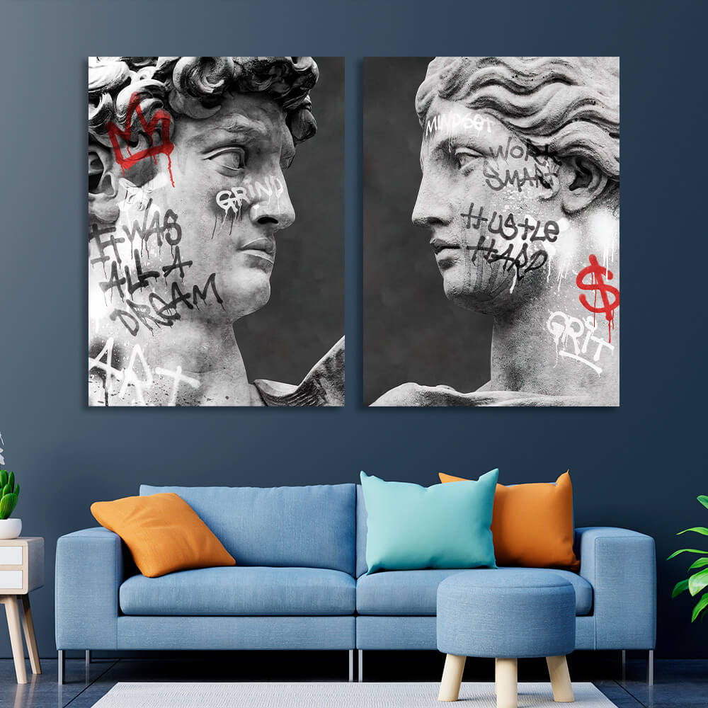 Modular diptych of 2 parts Statues of Venus and David with graffiti Multi Panel Canvas Wall Art Print