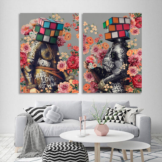 Modular diptych of 2 parts Knights in graffiti colors Multi Panel Canvas Wall Art Print