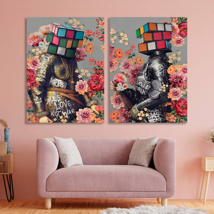 Modular diptych of 2 parts Knights in graffiti colors Multi Panel Canvas Wall Art Print