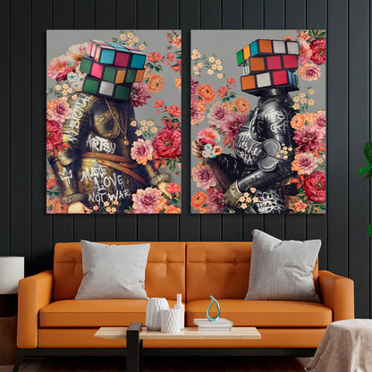 Modular diptych of 2 parts Knights in graffiti colors Multi Panel Canvas Wall Art Print