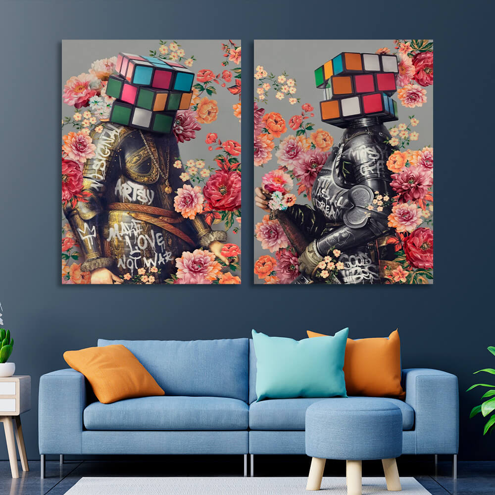 Modular diptych of 2 parts Knights in graffiti colors Multi Panel Canvas Wall Art Print