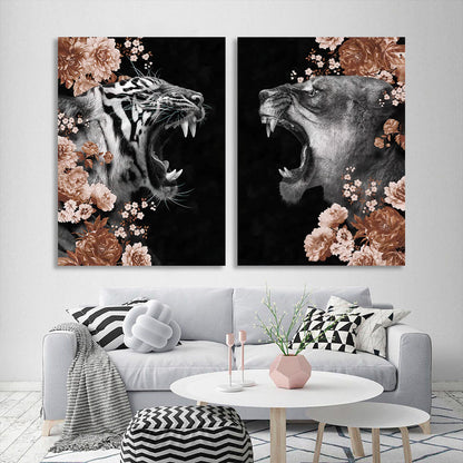 Modular diptych of 2 parts Lioness and Tigress in colors Multi Panel Canvas Wall Art Print