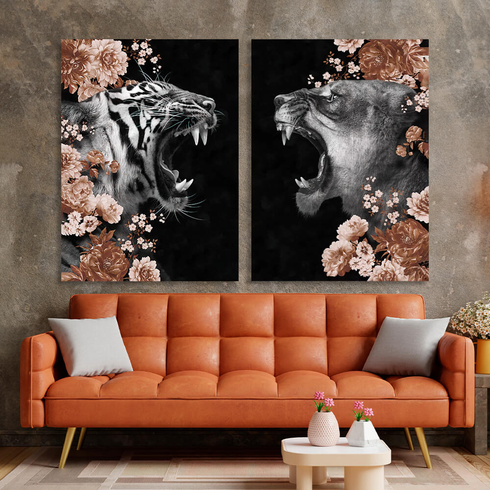 Modular diptych of 2 parts Lioness and Tigress in colors Multi Panel Canvas Wall Art Print